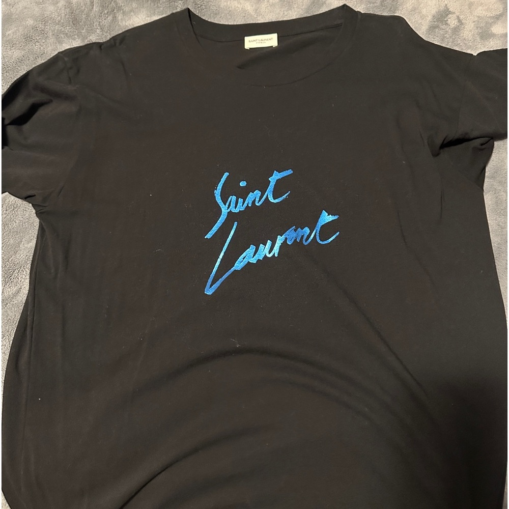 Black saint laurent t shirt w/ metallic blue logo